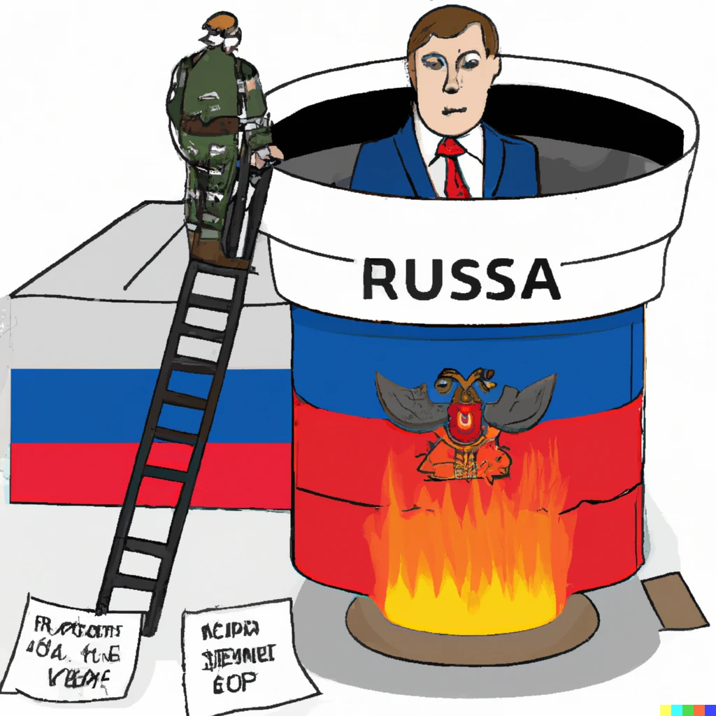 Prompt: Burning bunker destroyed by drone with burning russian flag and russian president climbs out of the bunker, president sitting with press secretary on one toilet 
