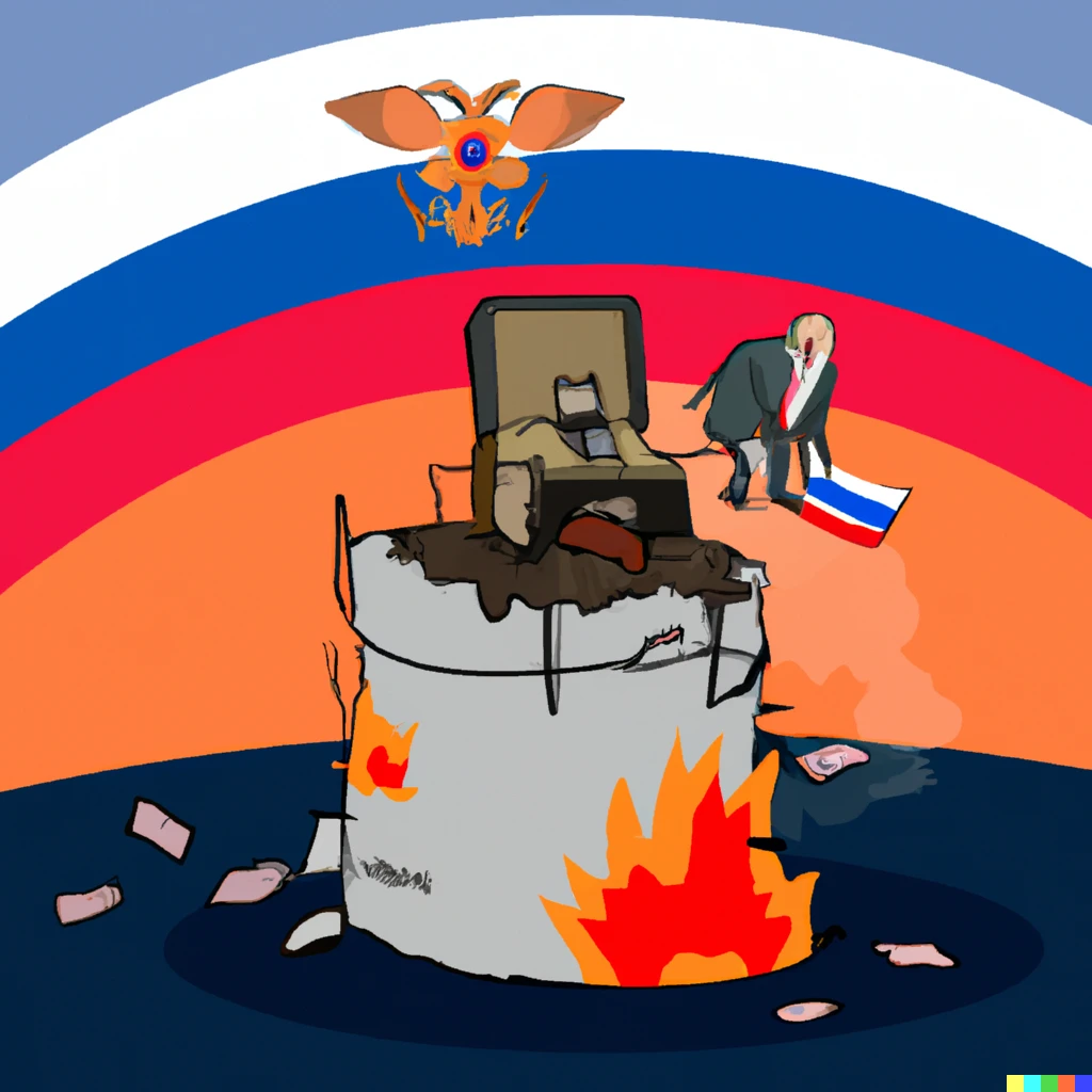 Prompt: Burning bunker destroyed by drone with burning russian flag and russian president climbs out of the bunker, president sitting on one toilet with machine gun