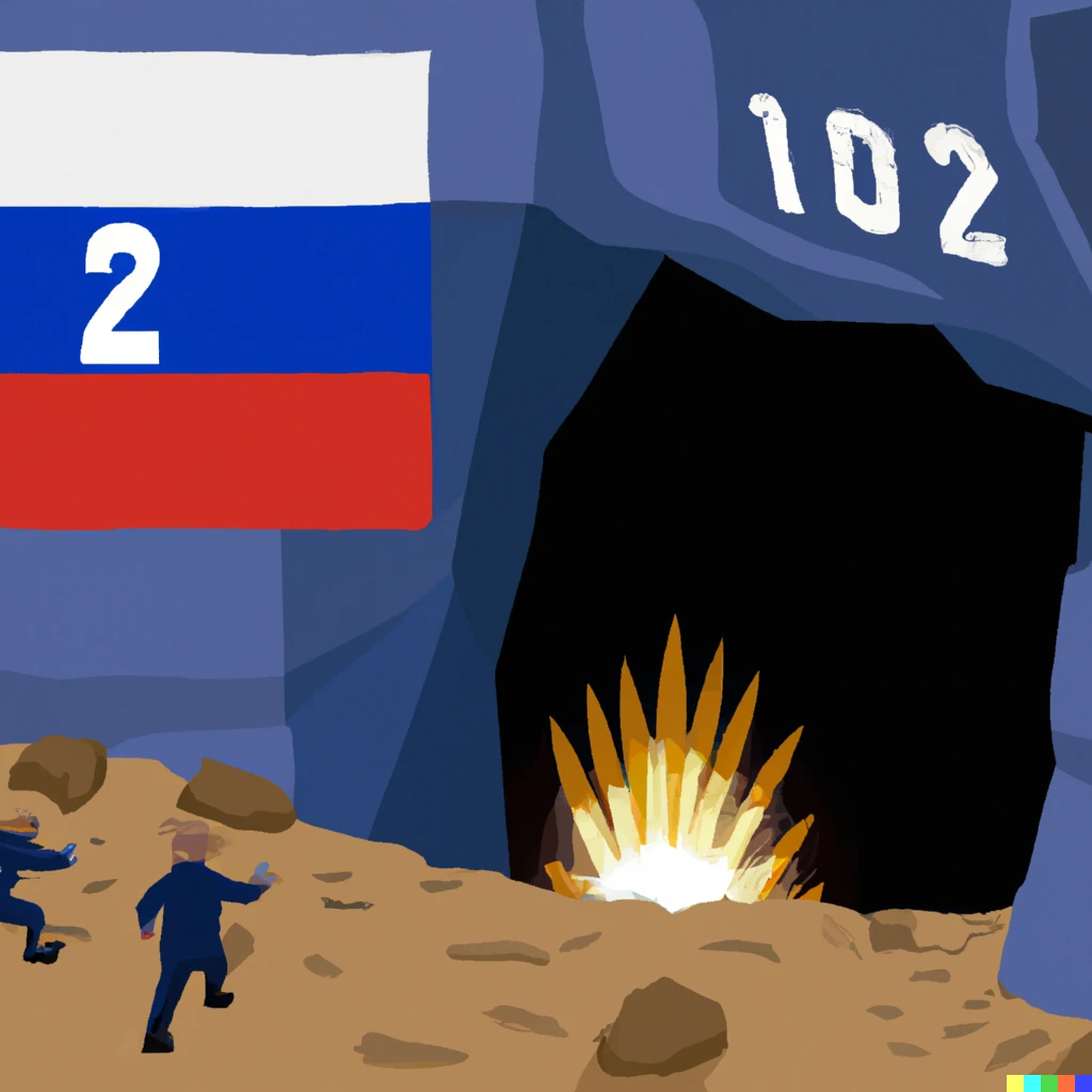Prompt: Burning bunker with russian flag and russian president climbs out of the bunker, running to the cave
