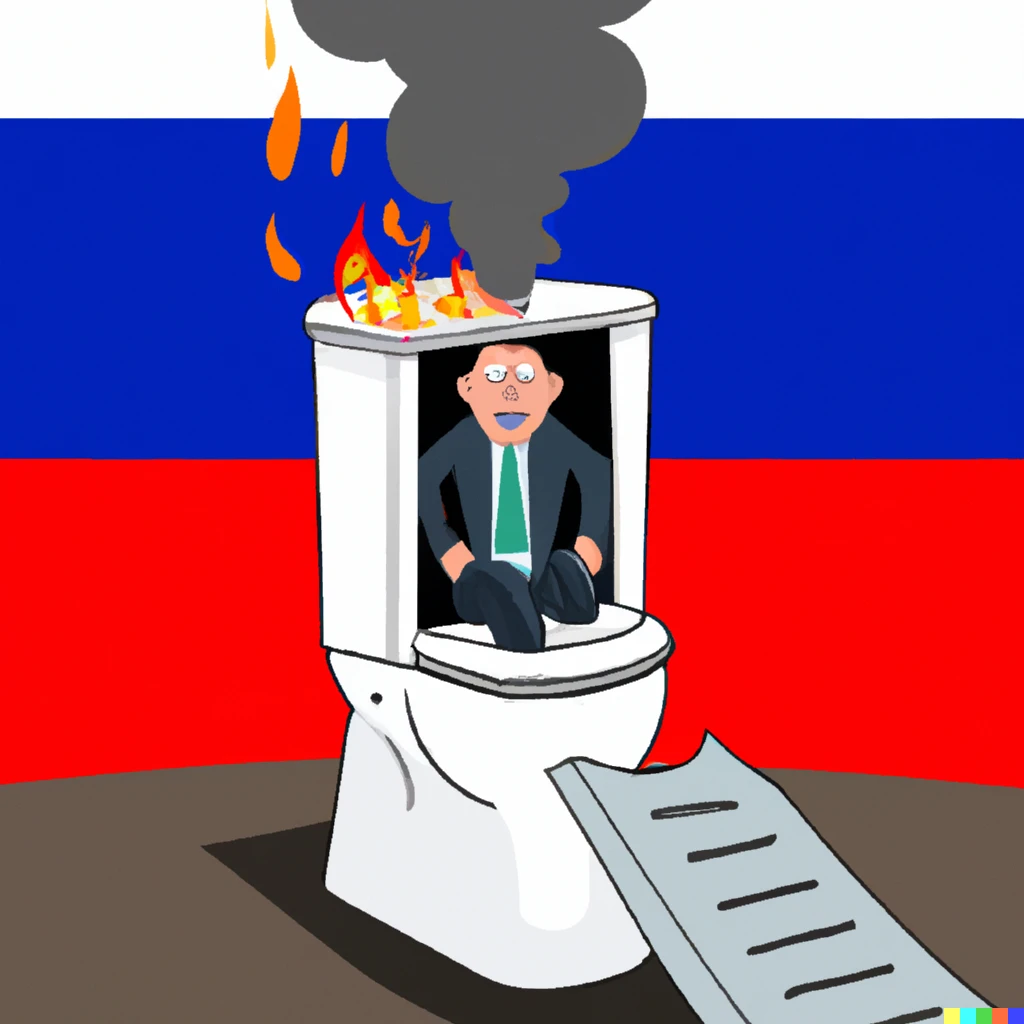 Prompt: Burning bunker with russian flag and russian president climbs out of the bunker, sitting on the toilet