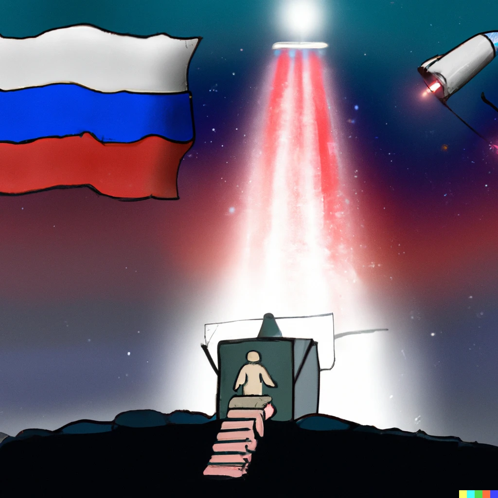 Prompt: Burning bunker with russian flag and russian president climbs out of the bunker, sitting on the toilet, ufo in the sky that burn the bunker
