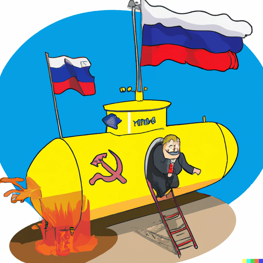Prompt: Burning bunker with russian flag and russian president climbs out of the bunker, president standing near the toilet under the flying yellow submarine 