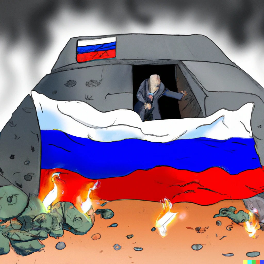 Prompt: Burning bunker with russian flag and russian president climbs out of the bunker 