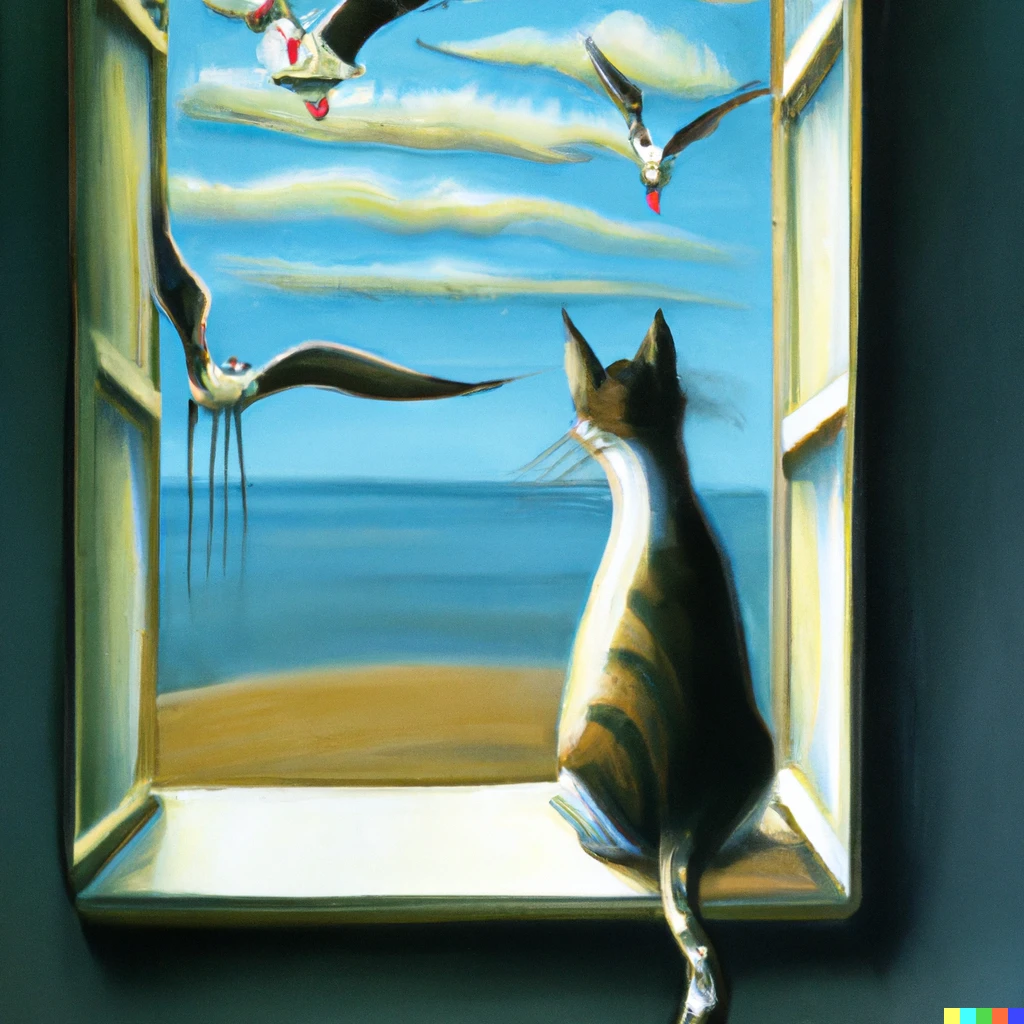 Prompt: A Dali painting of a cat looking through the window watching seagulls flying 