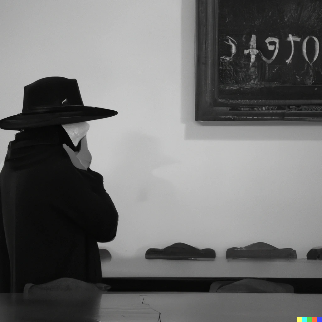 Prompt: A man wearing a thin-sleeved leather hat and a plague mask.  It looks at the 13th pi number in a table.  The man's back is turned.  Everything looked pale, everything looked like a 19th century painting.