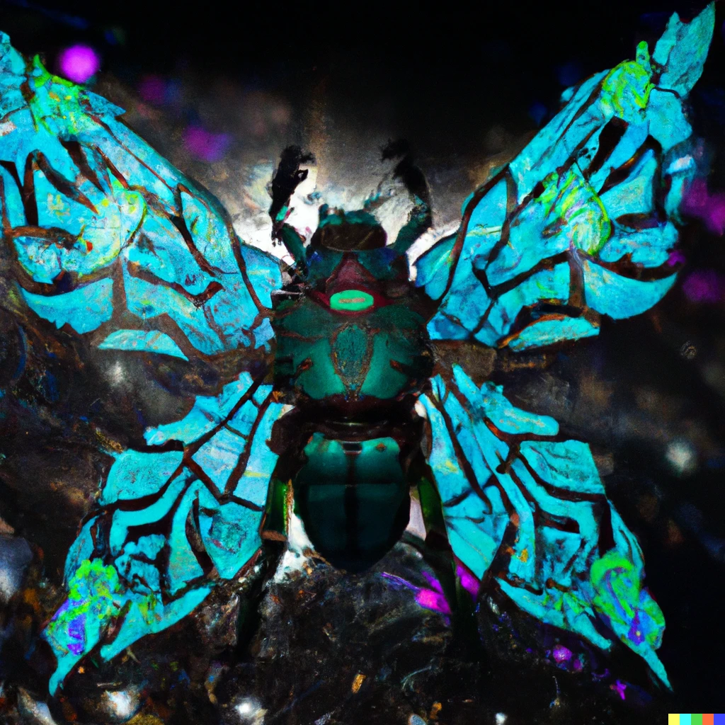 Prompt: A high-resolution photo of a magical fantasy insect covered in magical glowing runes and sigils