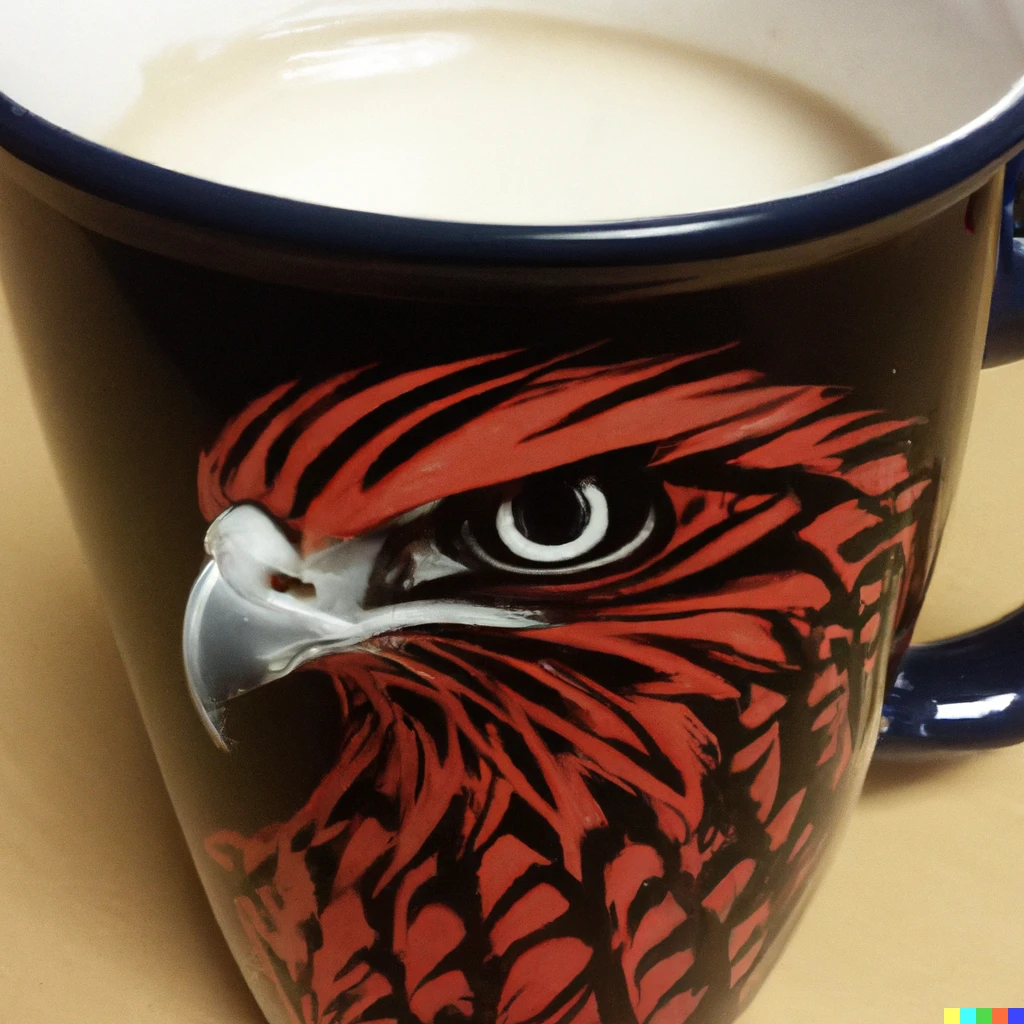 Prompt: a photo of a coffee cup with a hawk on it