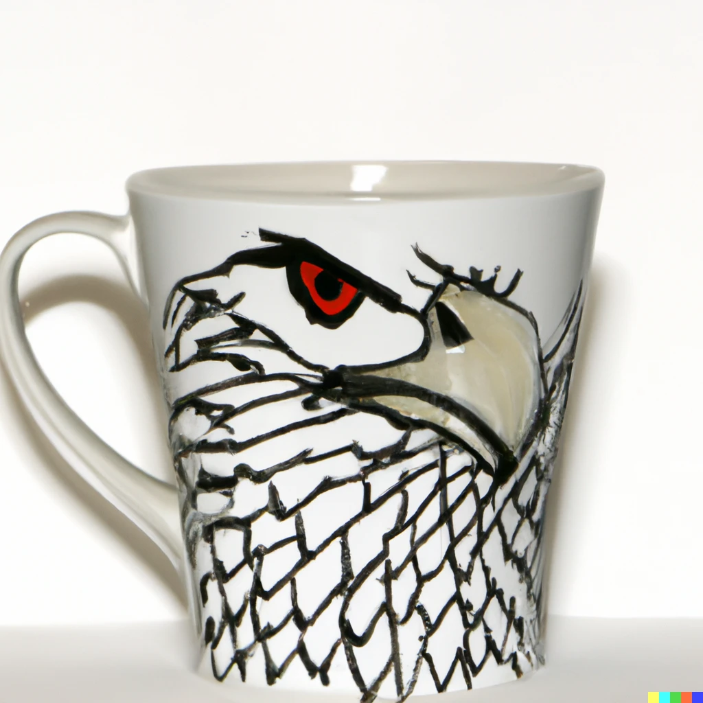 Prompt: a photo of a white coffee cup with a detailed hawk head on it drawn in sharpie