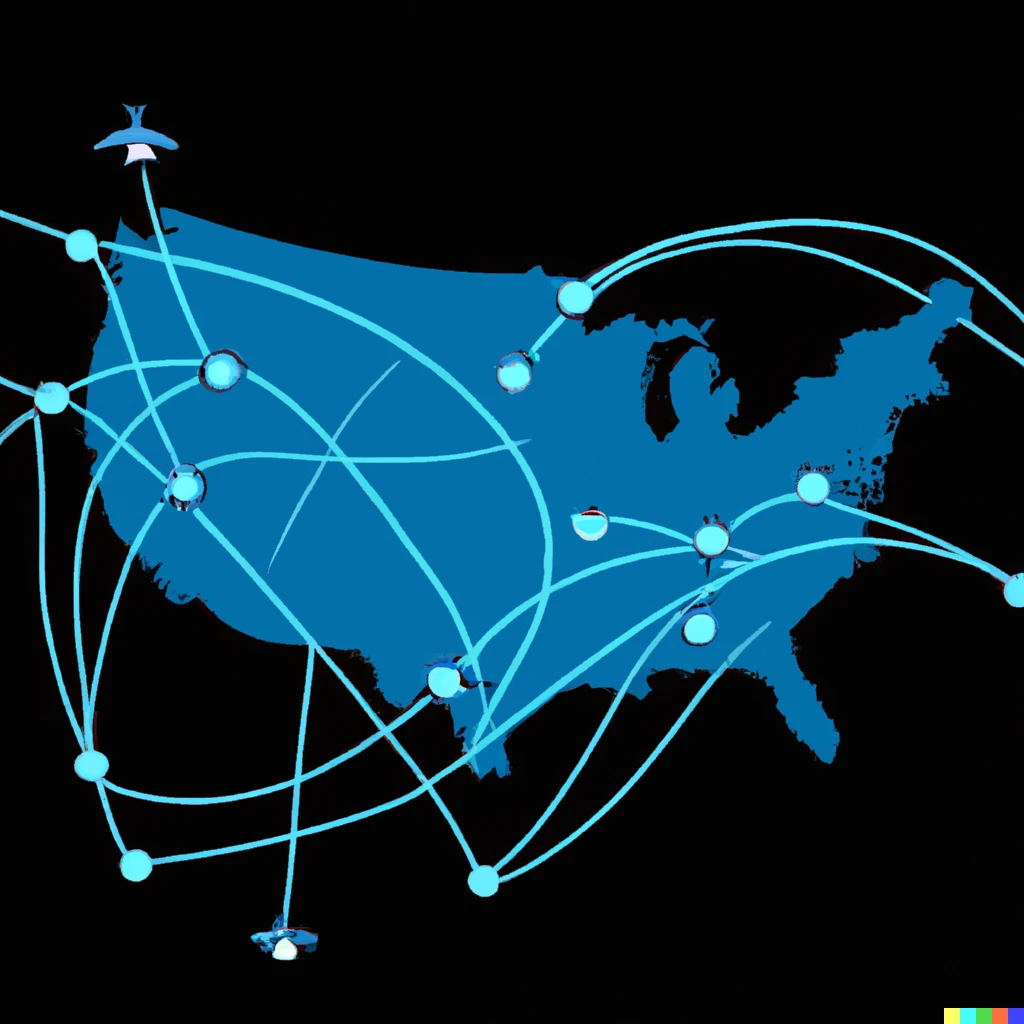 Prompt: an airline network with several cities and edges highlighted that include a loop