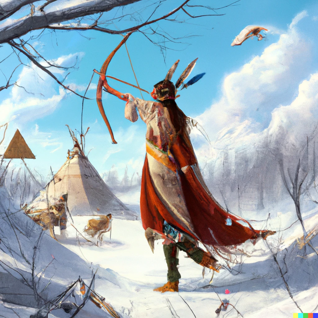 Prompt: Pocahontas hunting deers in snowy background, with big arrow, sunny sky, bright colors, artstation