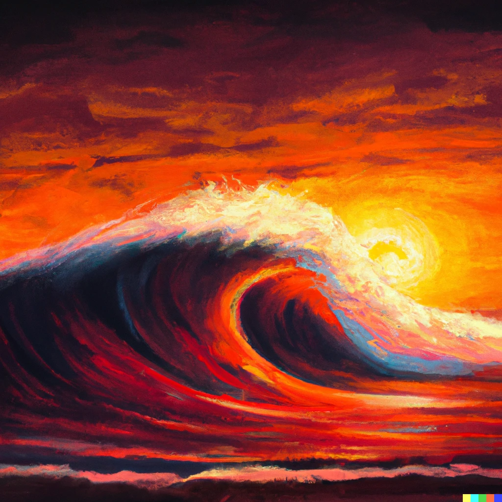 Prompt: A painting of the biggest wave ever surfed in a beautiful red sunset