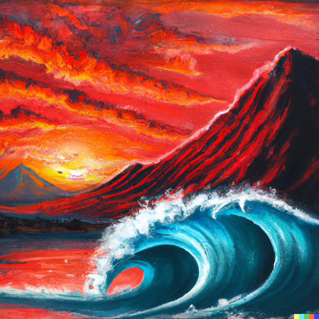 Prompt: A painting of the biggest wave ever surfed in a beautiful red sunset by Dali next to a mountain