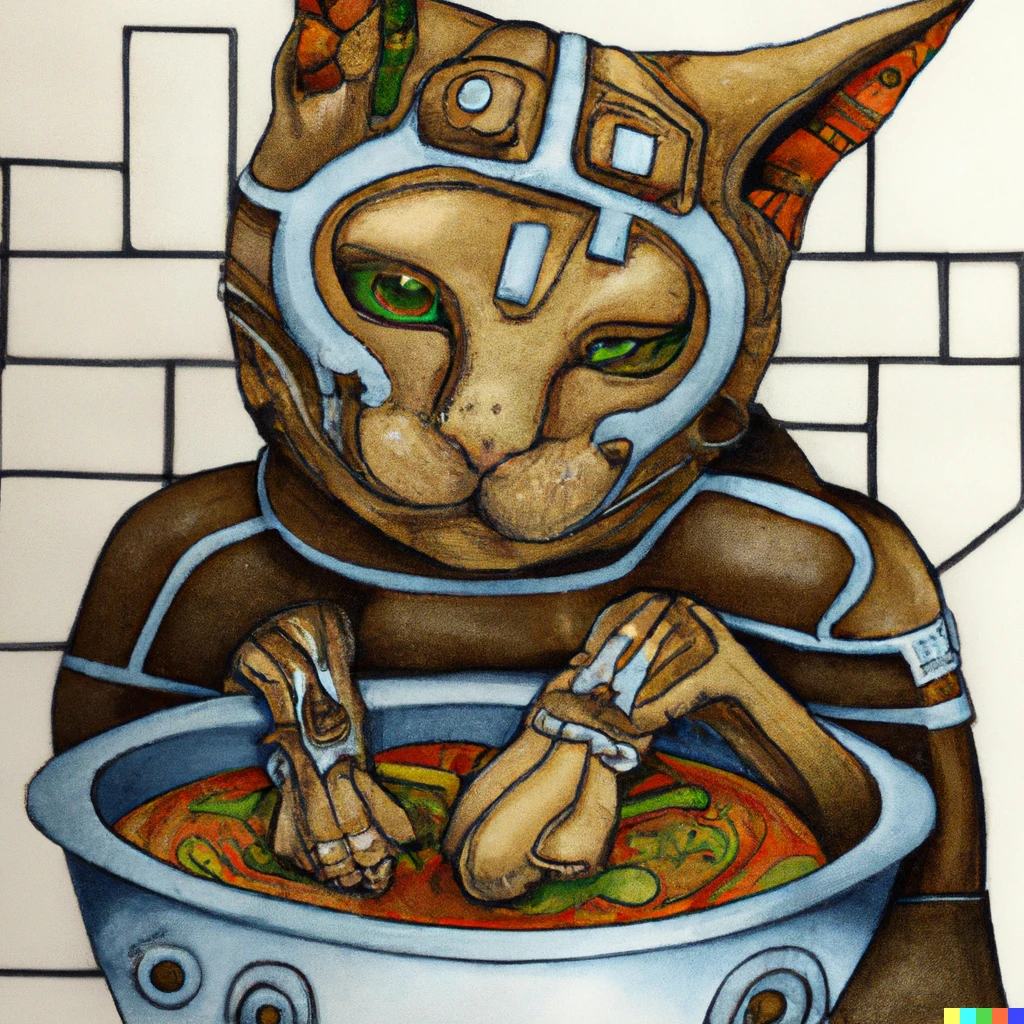 Prompt: robot cat in a bowl of soup photorealism Alphonse Mucha