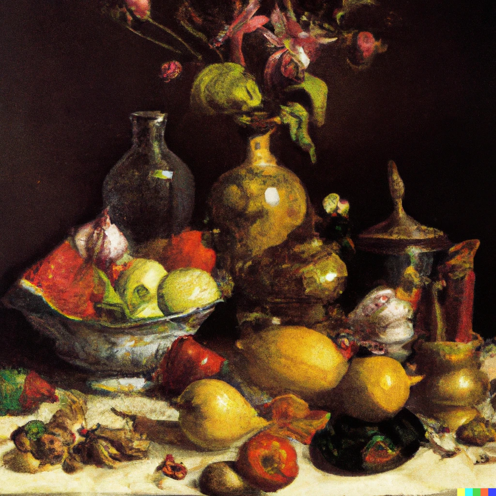 Prompt: an opulent oil painting still life of glass vases, fruit, food and flowers in the style of Jan Davidsz. de Heem