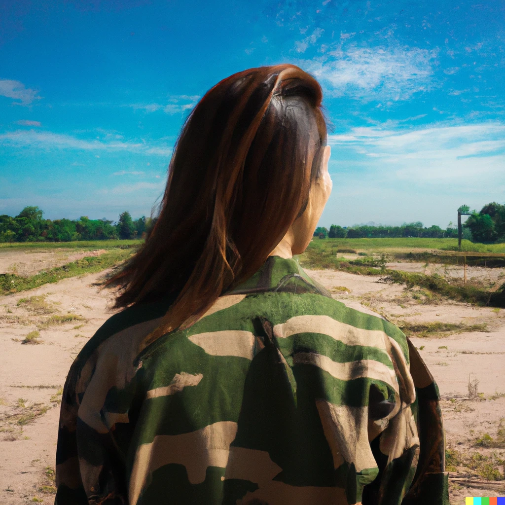 Prompt: A long shot from the back of a brave woman. Light-brown haired women looking toward the horizon. Army uniforms were left behind by the women