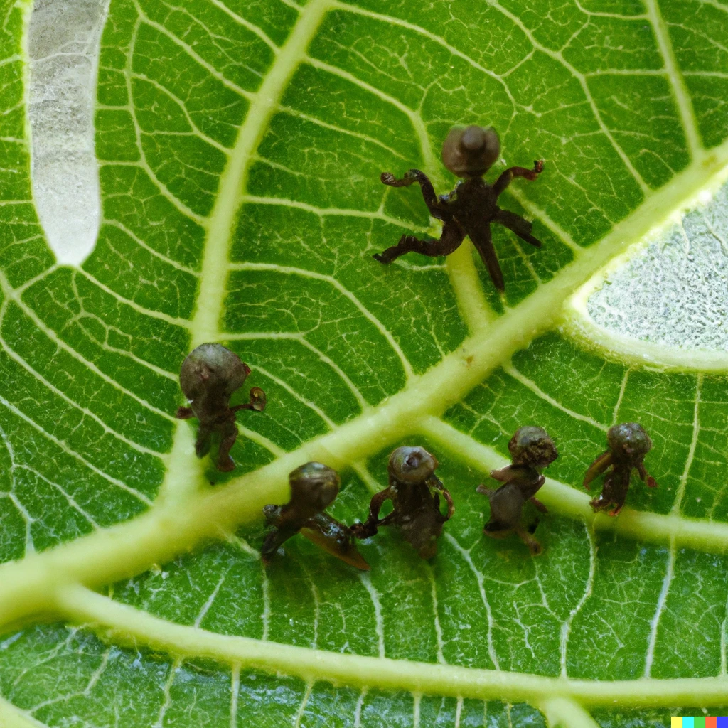 Prompt: Macro photo, of tiny family  on a fig leaf.