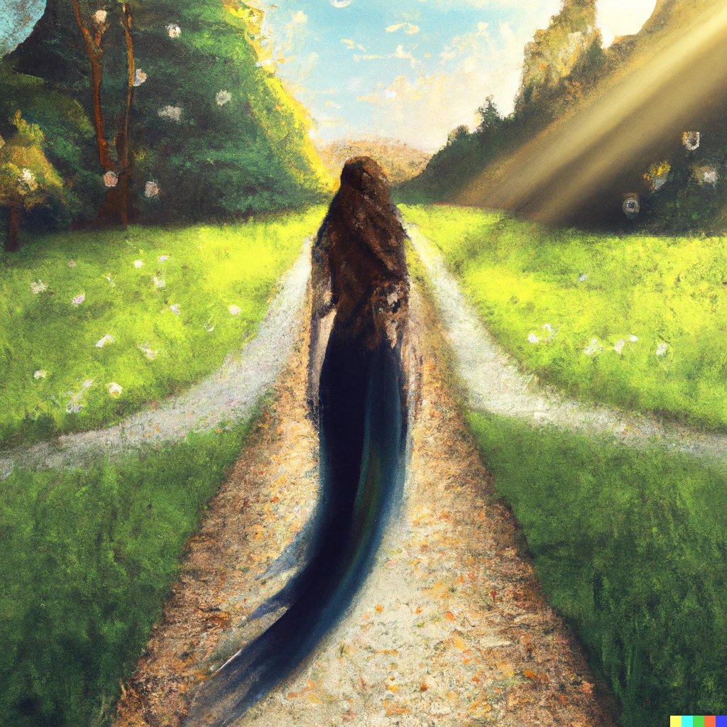 Prompt: A extreme long shot from the back of a Light-brown haired woman  pathway that led to the wonderful and enchanted future, digital art