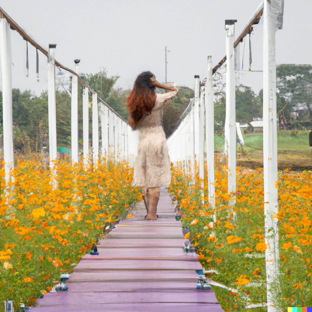 Prompt: A extreme long shot from the back of a Light-brown haired  woman standing on long low thin a bridge. under the bridge  Beautiful flower field