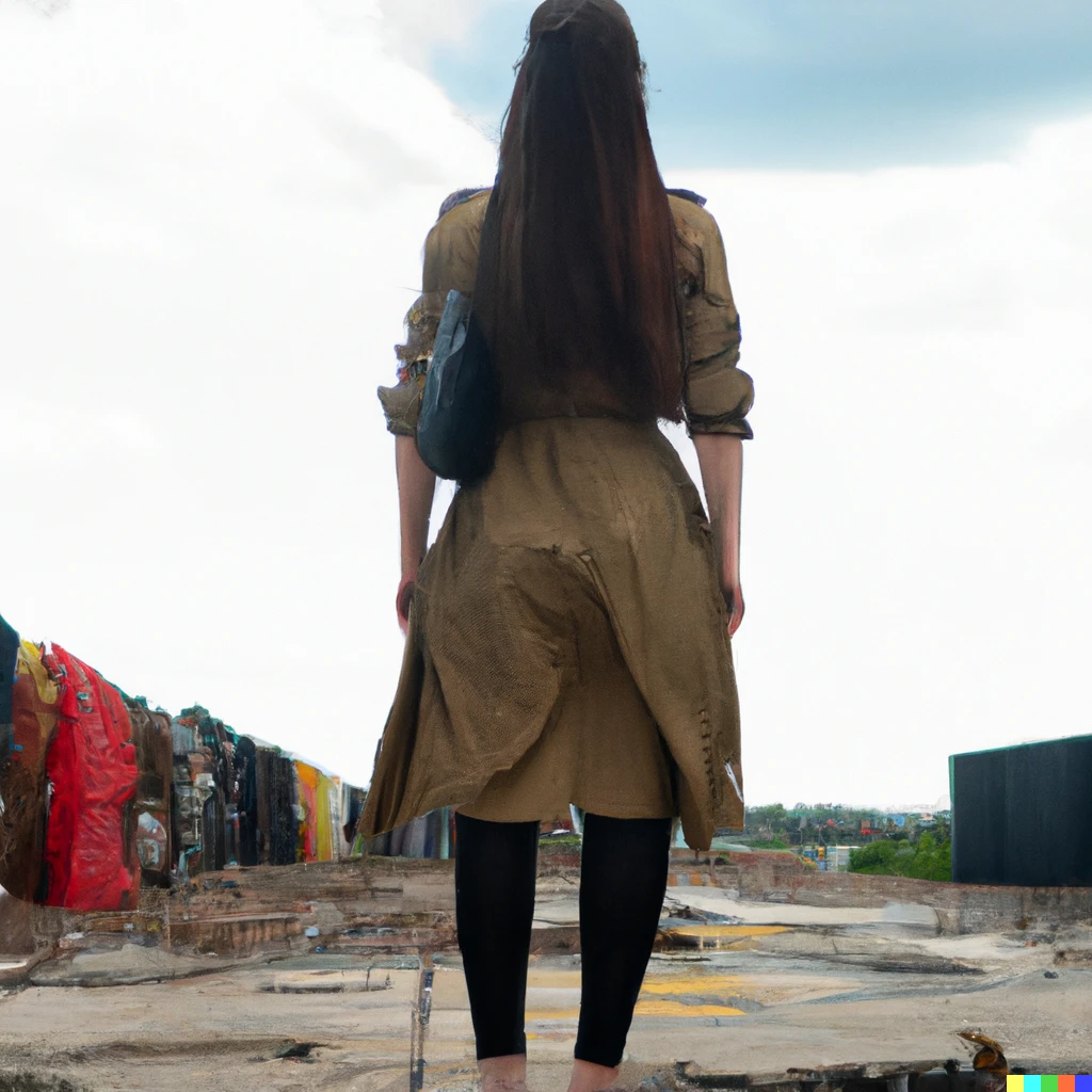 Prompt: A long shot from the back of a brave woman. very long Light-brown haired women looking toward the horizon. There was a pile of uniforms left behind by the woman