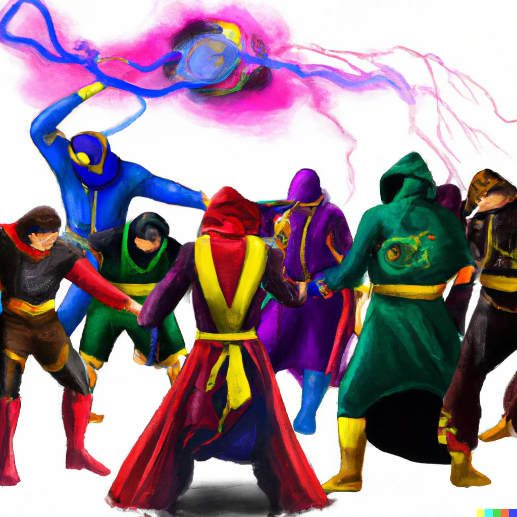Prompt: Five people with robes of different colors in a battlefield fight with the help of blue, green, red, purple, and black lightning