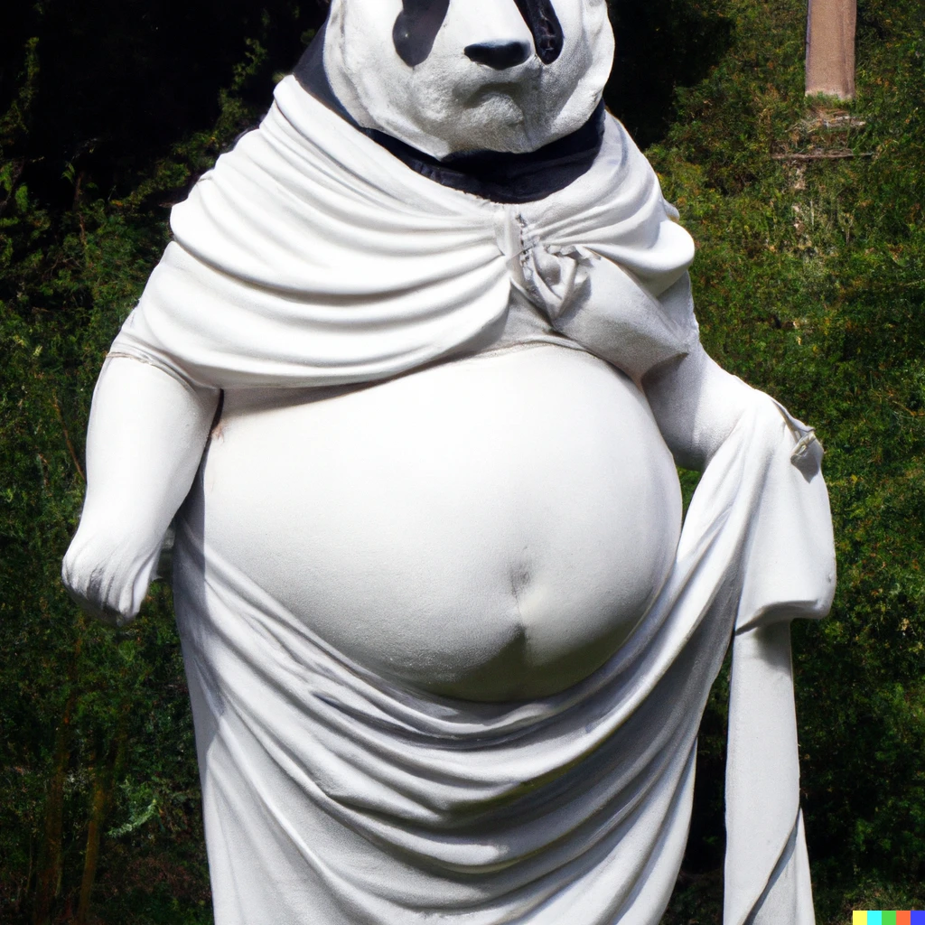 Prompt: realistic roman statue of a fat anthropomorphic panda dressed in an elegant white and flowing gown