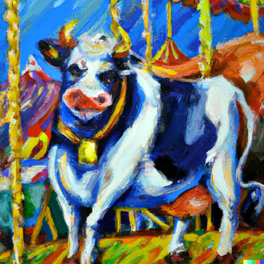 Prompt: Cow on a merry Go round at the fair, oil pianting