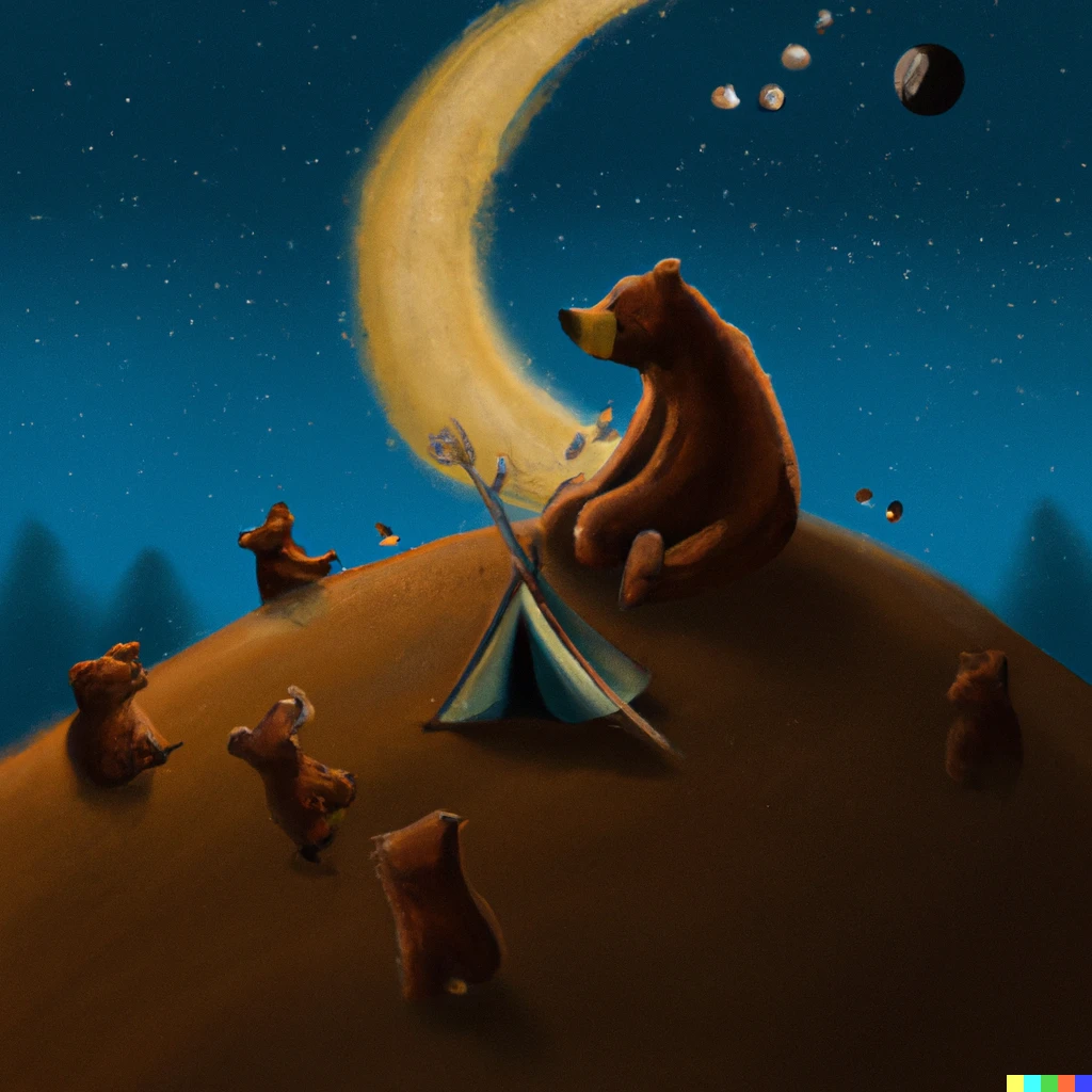 Prompt: A big brown bear camping with little brown bears in the moon, digital art.