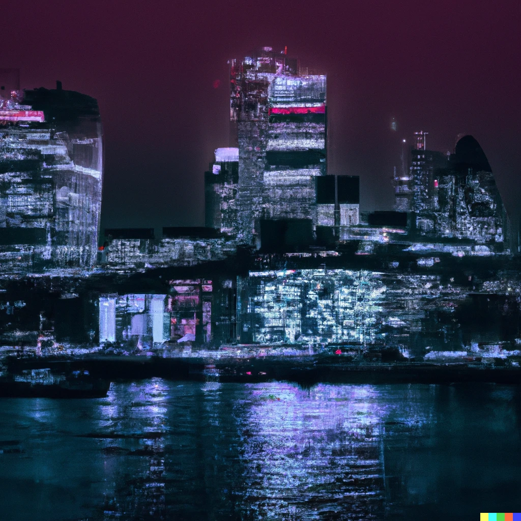 Prompt: A picture of the London Skyline at night in cyberpunk colors 