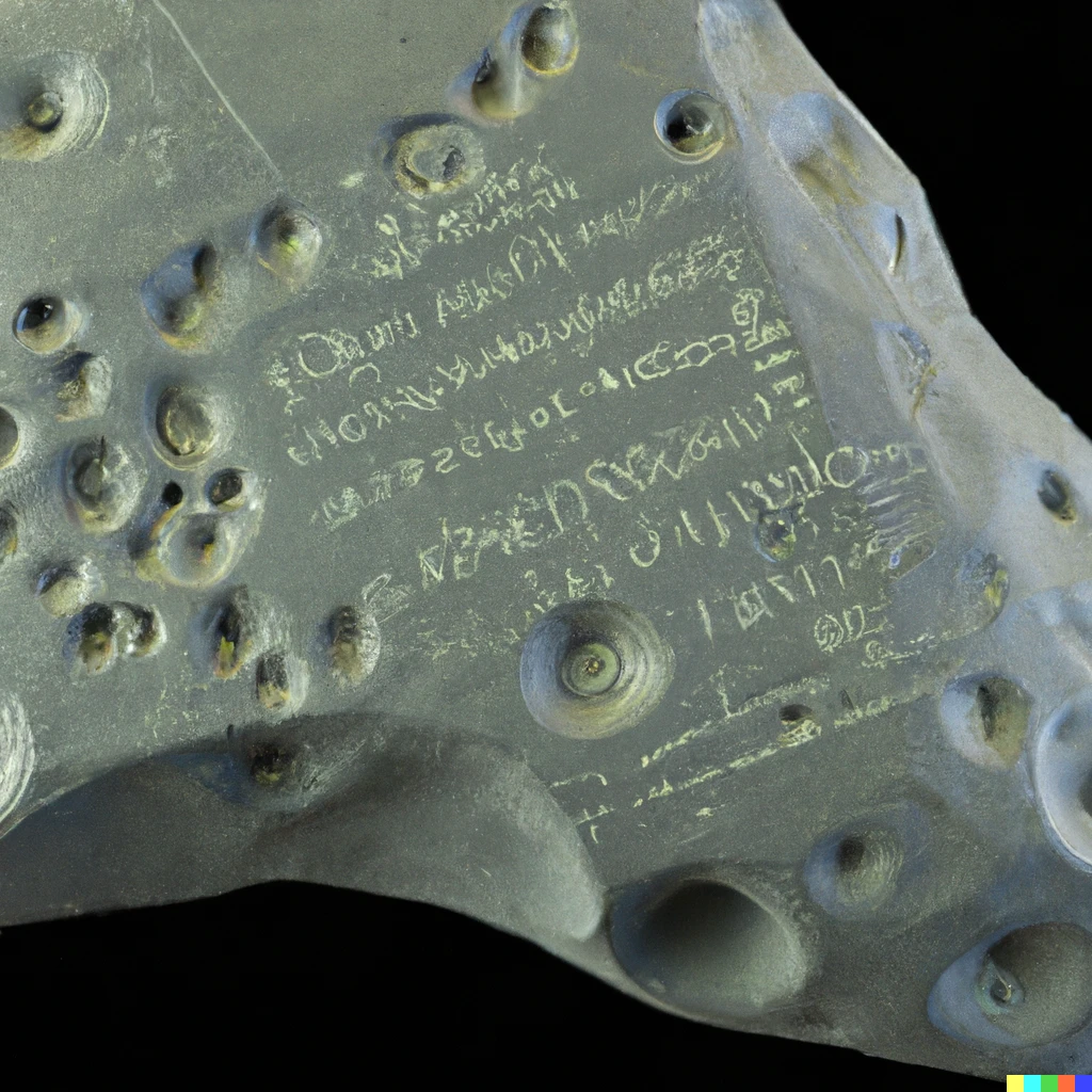 Prompt: asteroid fragment with fossilized language of species living beyond the Kuiper Belt
