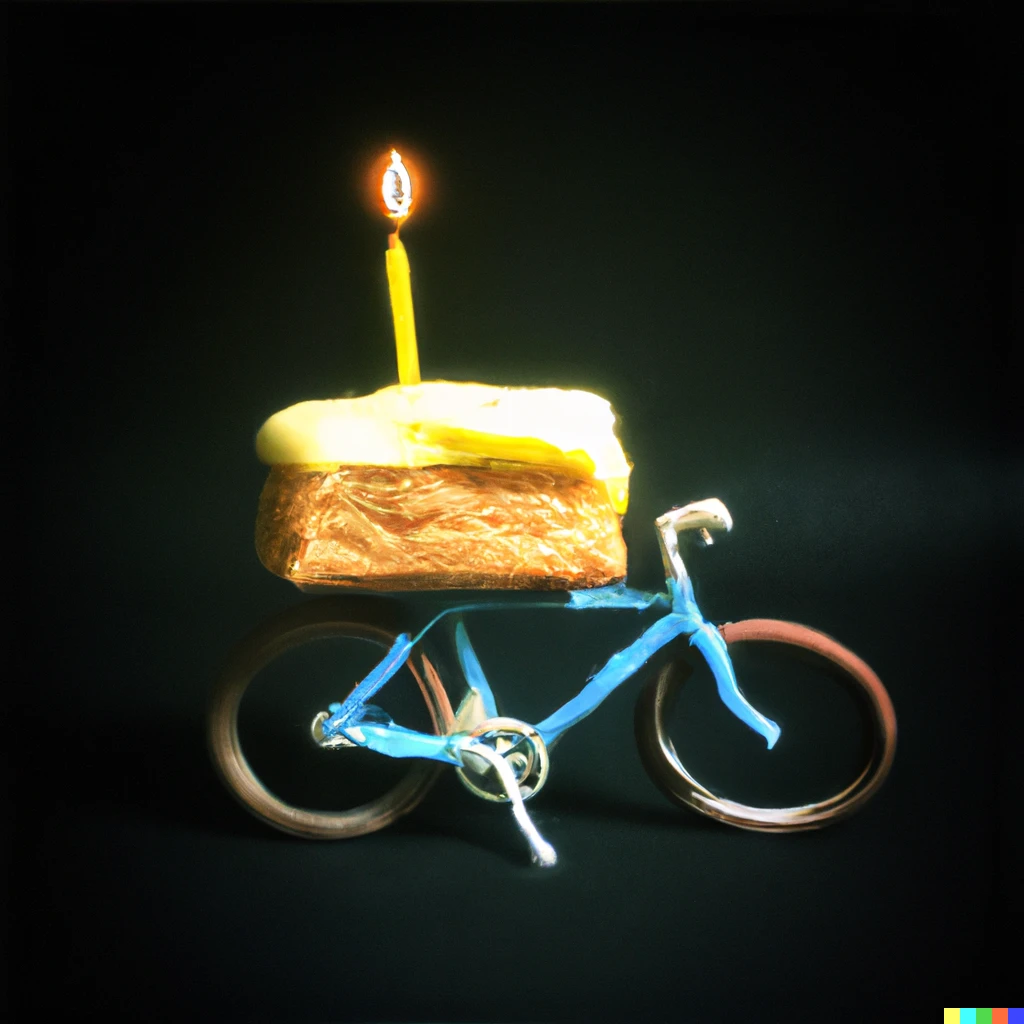 Prompt: A cake riding a bicycle, not a cake of a bicycle #worksonbecoming #photograph @un1crom Russell Foltz-Smith