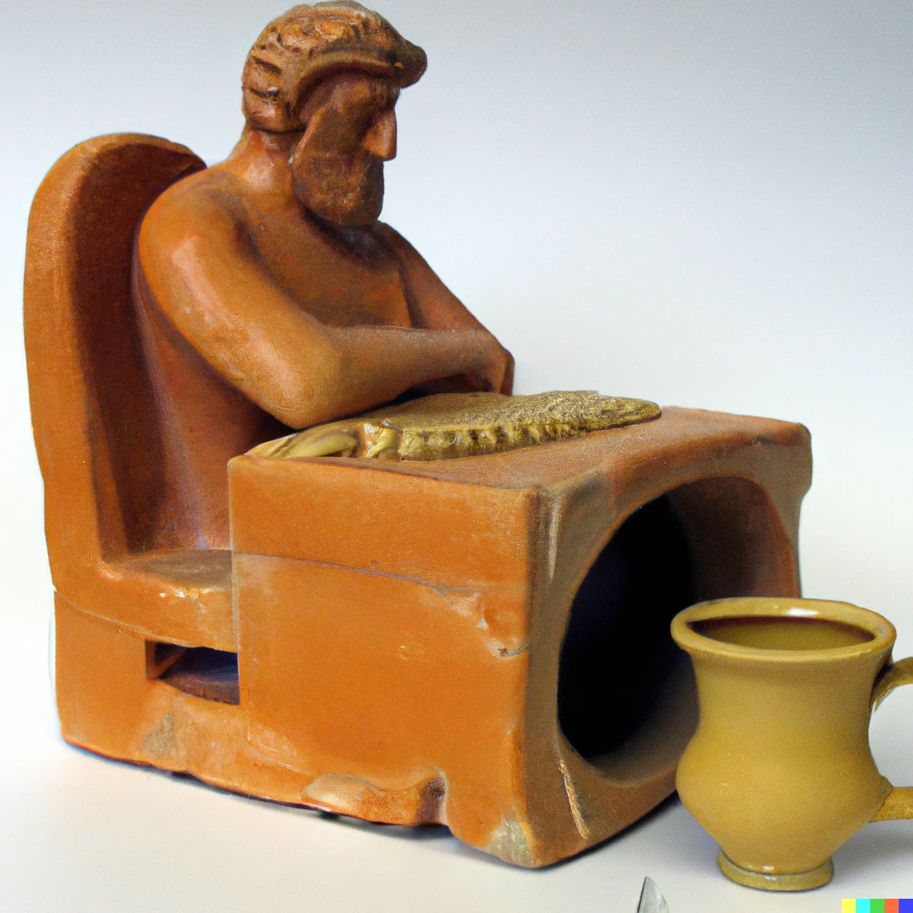Prompt: Ancient Greece clay pot depicting office cubicle work in the 1970s