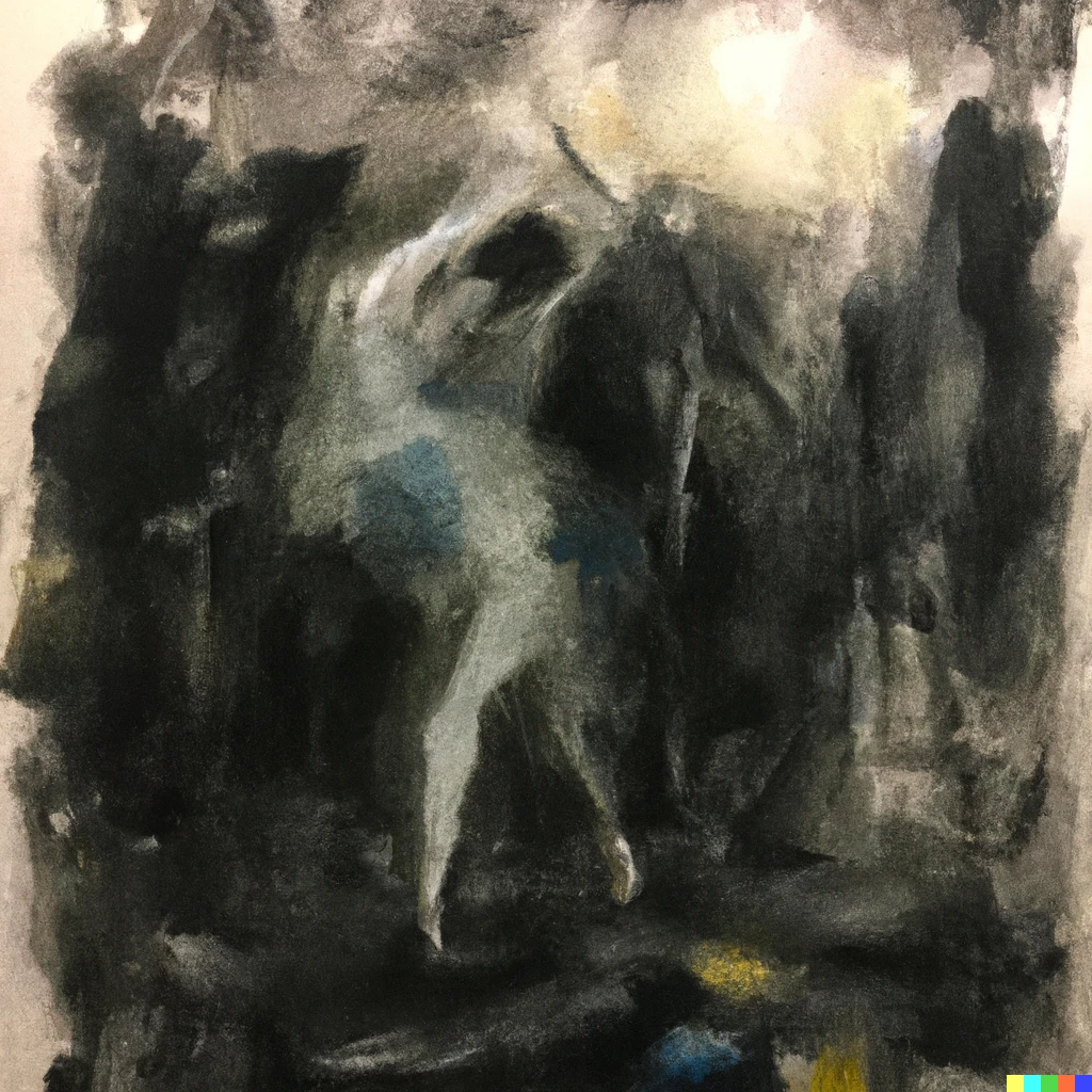 Prompt: Godel jazz on a lowlit corner, fumbling towards Cardano #painting #splatter #figuredrawing #worksonbecoming @un1crom Russell Foltz-Smith