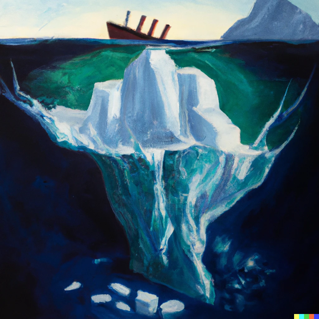 Prompt: gouache painting of the titanic hitting an iceberg made of glass 