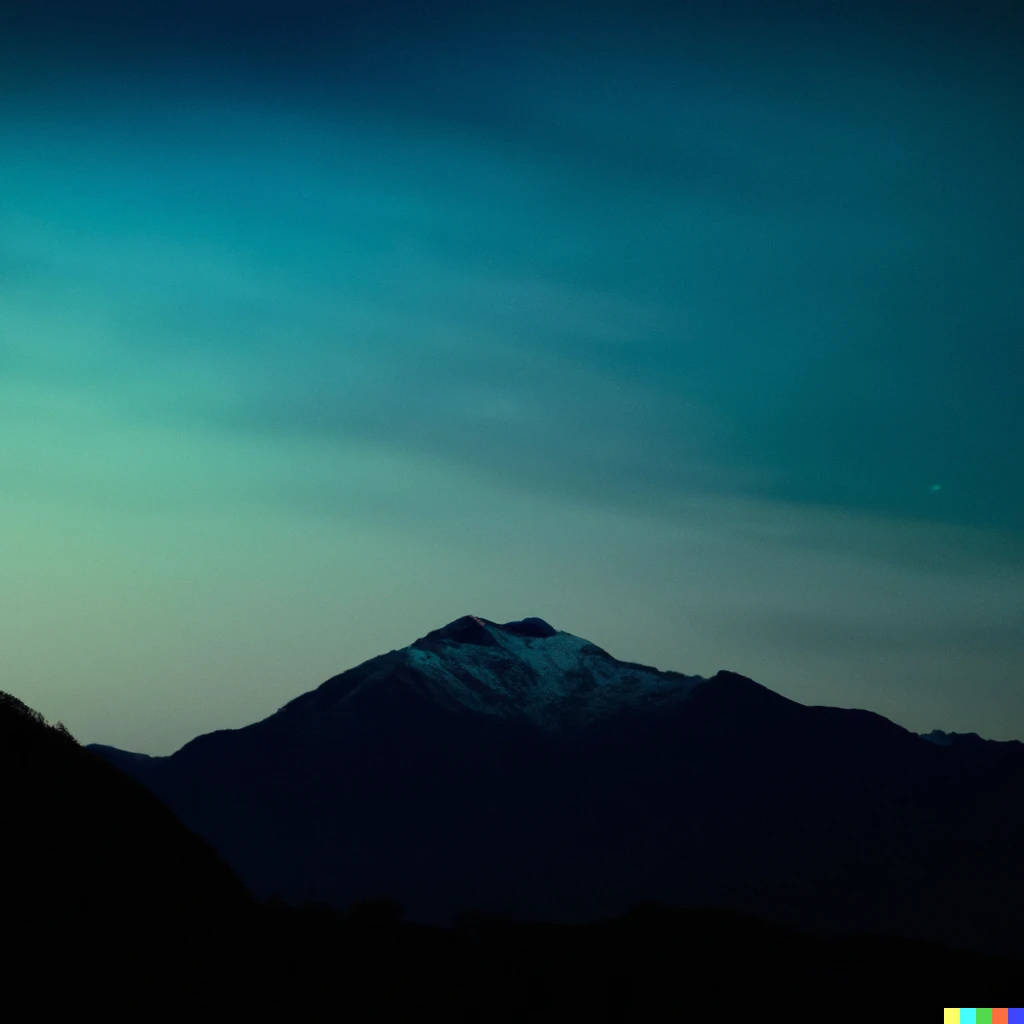 Prompt: A crisp photograph of a silhouetted mount Ibuki at twilight in teal hues