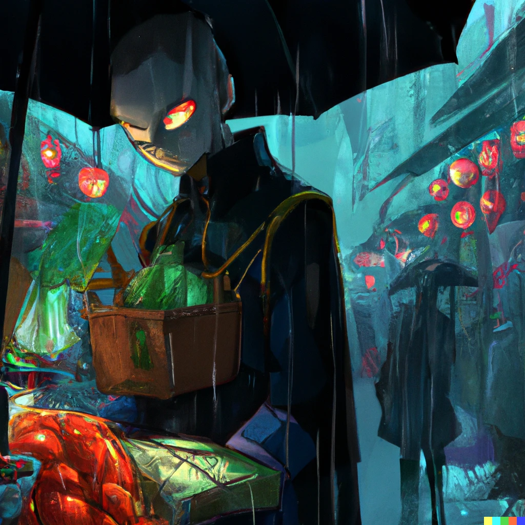 Prompt: a zombie buying fruits in Japan street market while raining, digital art