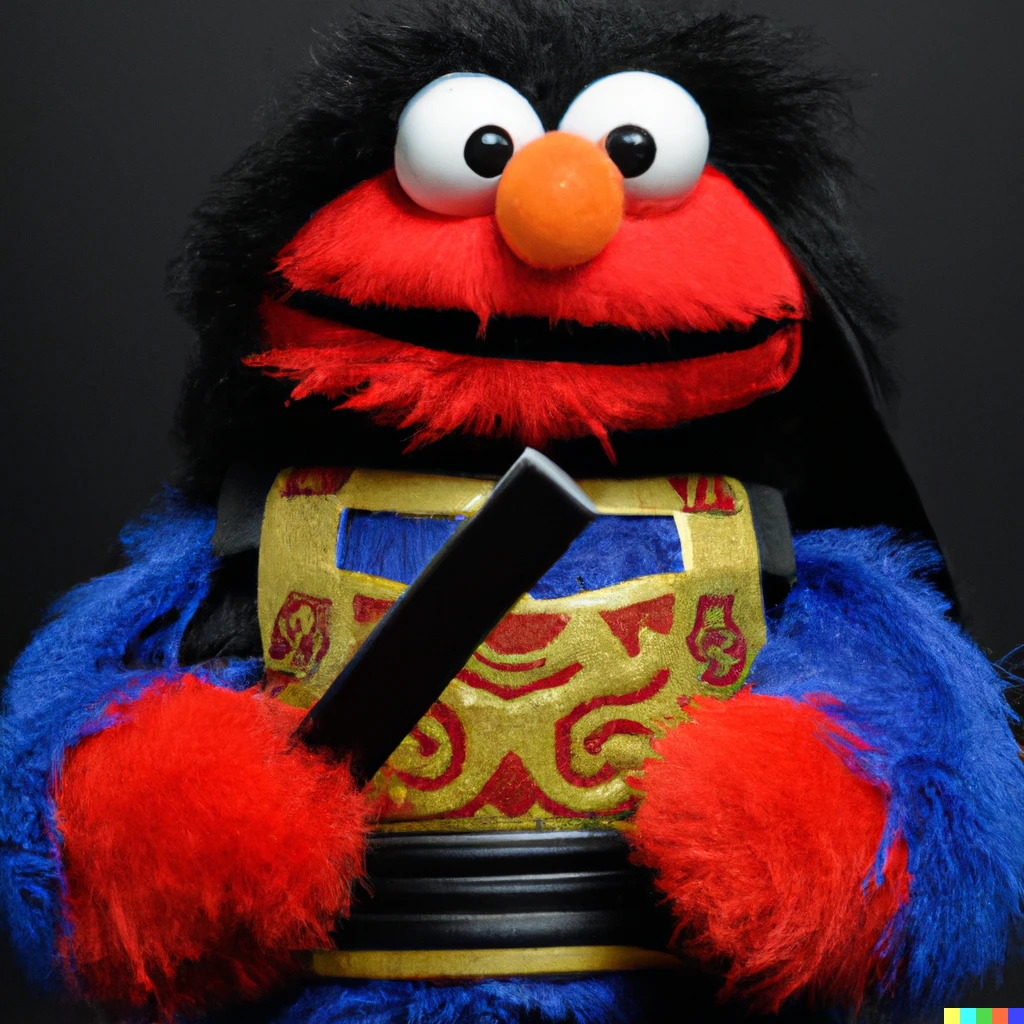 Prompt: The sesame Street Muppet Elmo in samurai armor 