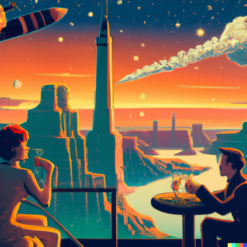 Prompt: “A beautifully composed, detailed art deco architect's rendering of people having drinks in the Grand Canyon city right at sunset. A rocket lands on the rim in the distance. The canyon is filled with lit-up skyscrapers sparkling like Hong Kong, and the sky twinkles with the Milky Way”