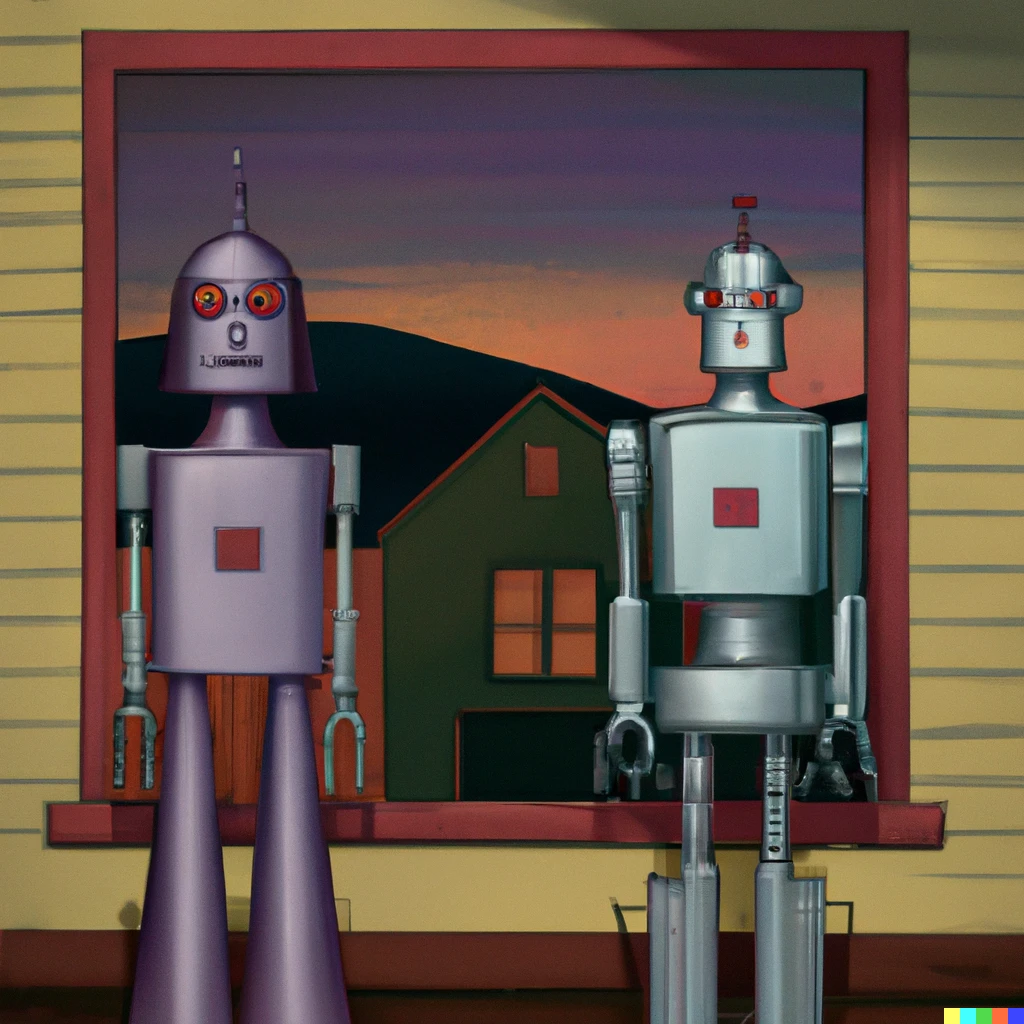 Prompt: Two robots in the style of American gothic painting by Edward hopper 
