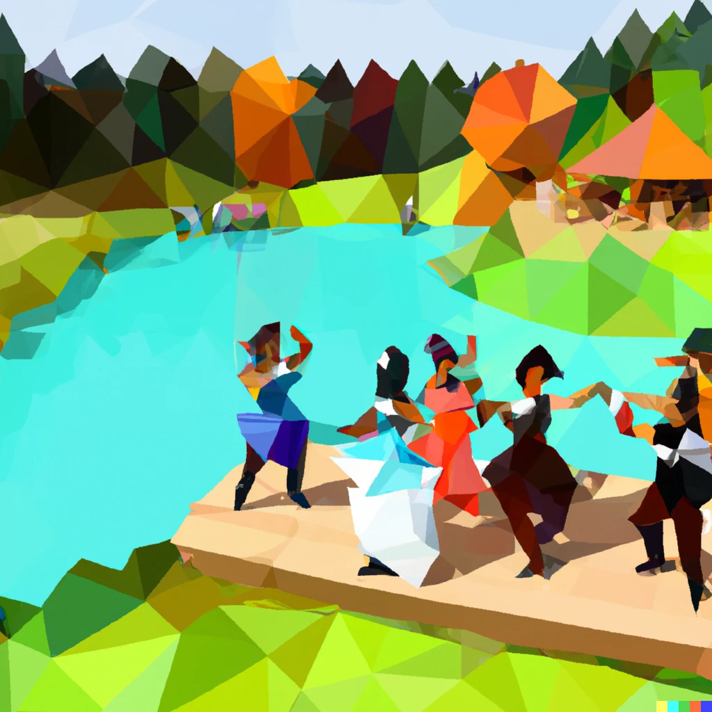 Prompt: A low polygon image of dancing people who have whips and cakes in the front of a pond and woods