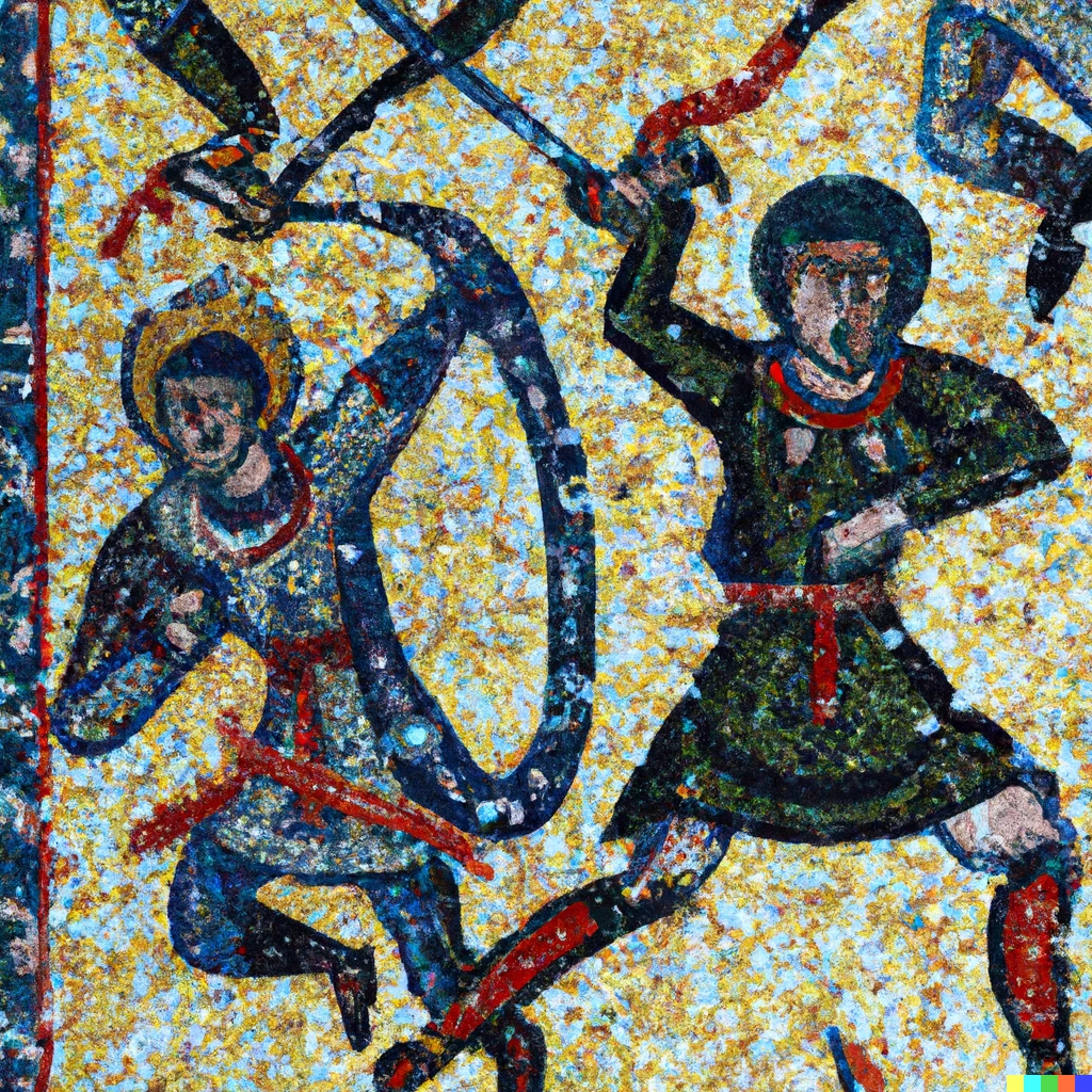 Prompt: Byzantine mosaic art of fighting some Ninjas and Samurai with Katana.