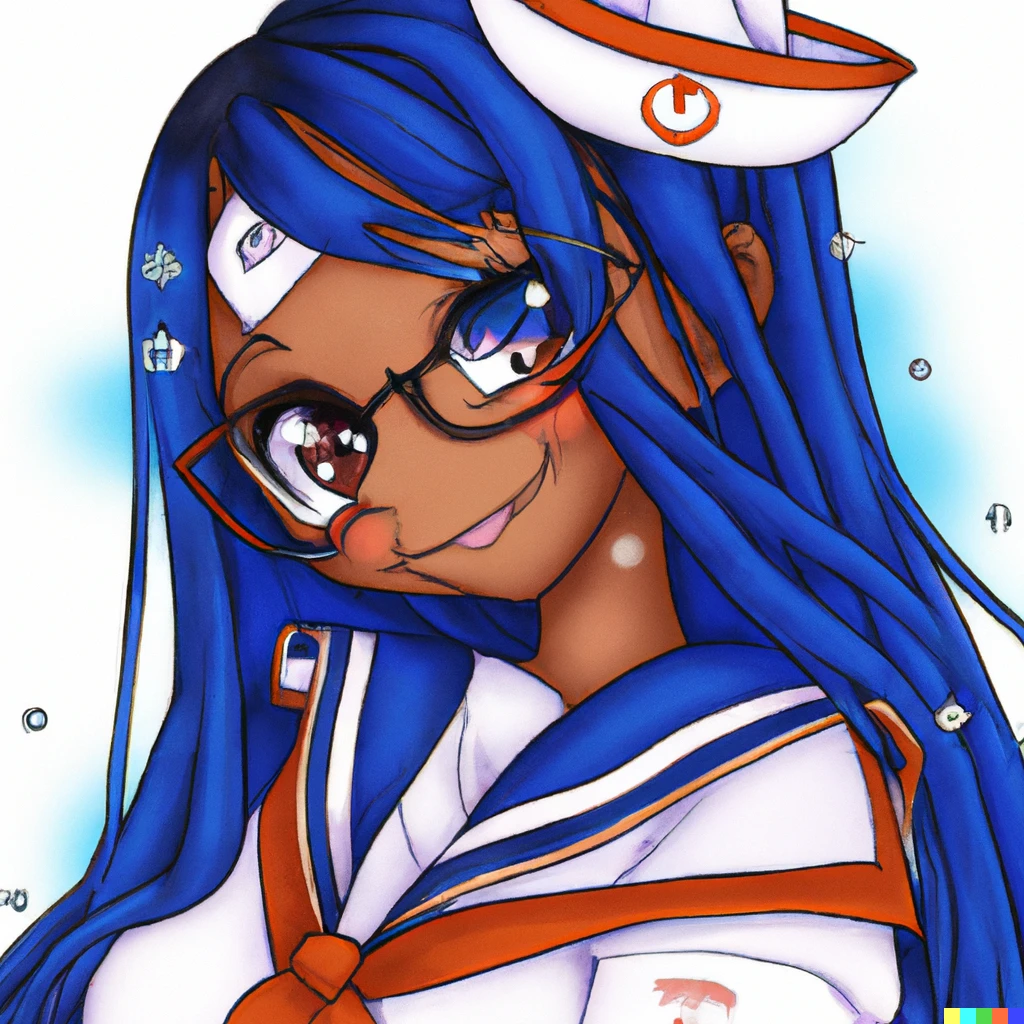 Prompt: An anime drawing of a girl who wears glasses and Sailor fuku with long brown hair.