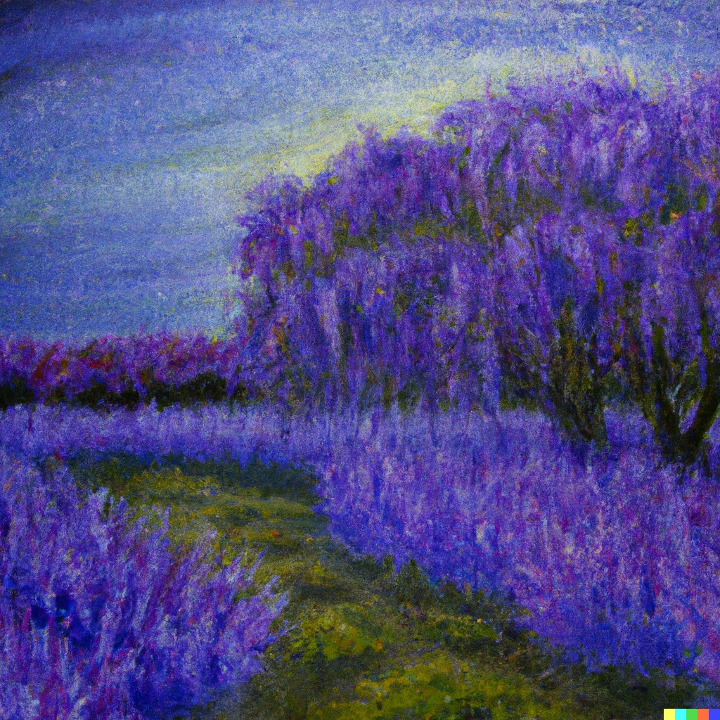 Prompt: wisteria shining willow garden surrounded by a field of lavender, night, realistic painting, watercolor, oil painting