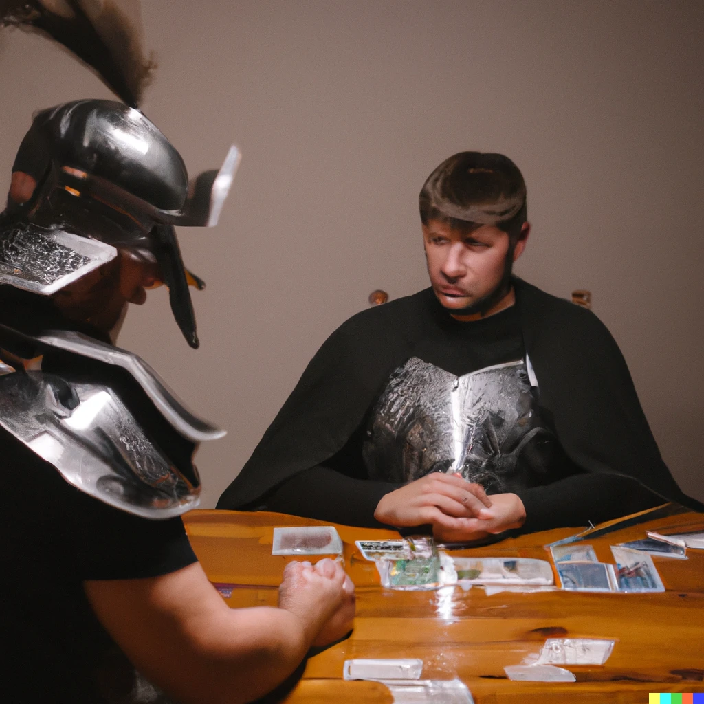 Prompt: A photo of knight and a samurai playing magic the gathering 