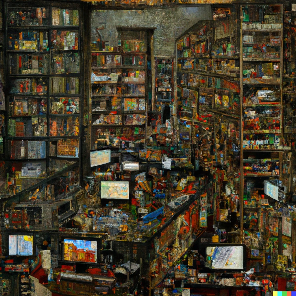 Prompt: zoomed out bruegel painting of a library filled with computer parts