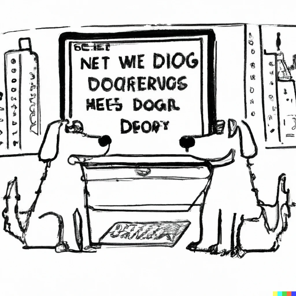 Prompt: a new yorker cartoon about dogs on the internet