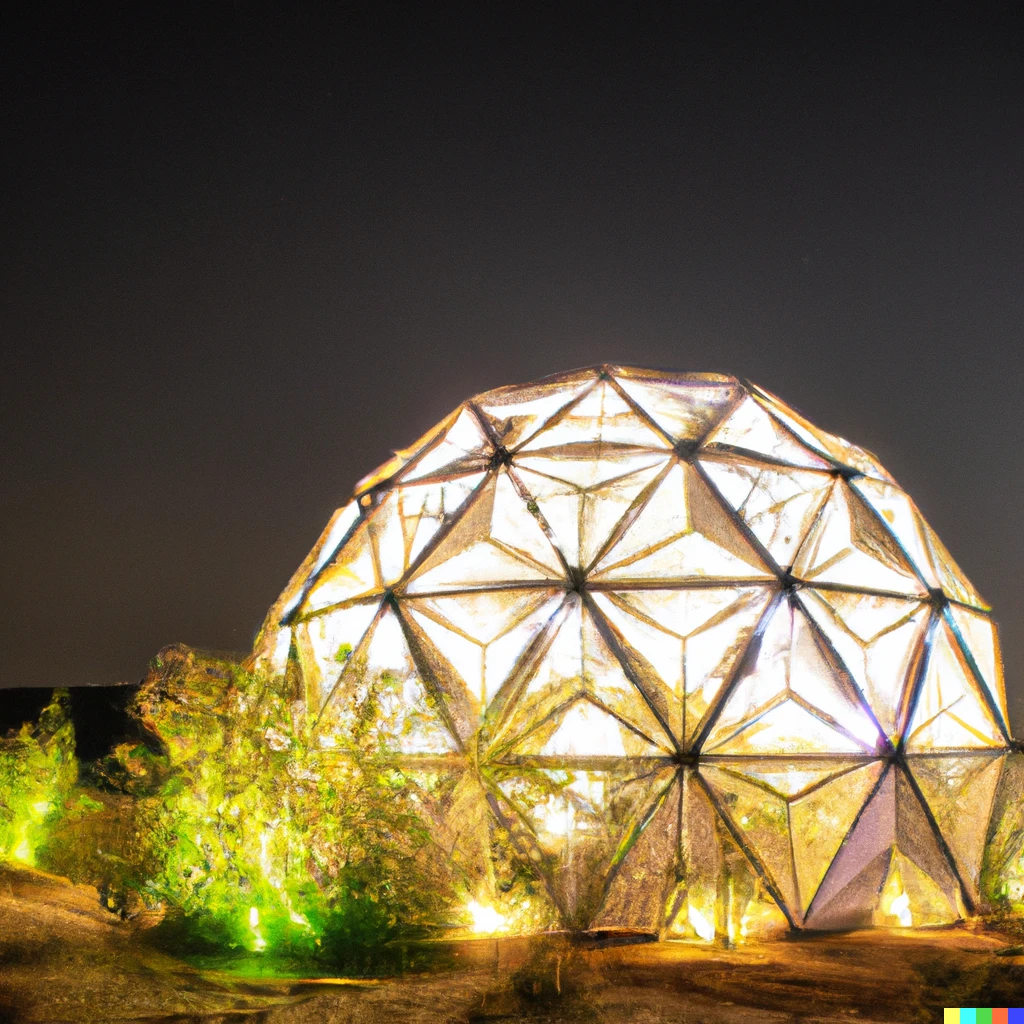 Prompt: a geodesic dome in the middle of the desert that is lit up and filled with plants