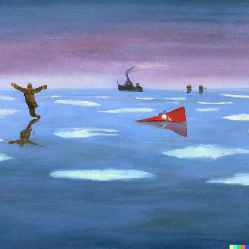 Prompt: Lenin slips off that ice floe in the Gulf of Finland on Christmas Day in true socialist realism style.