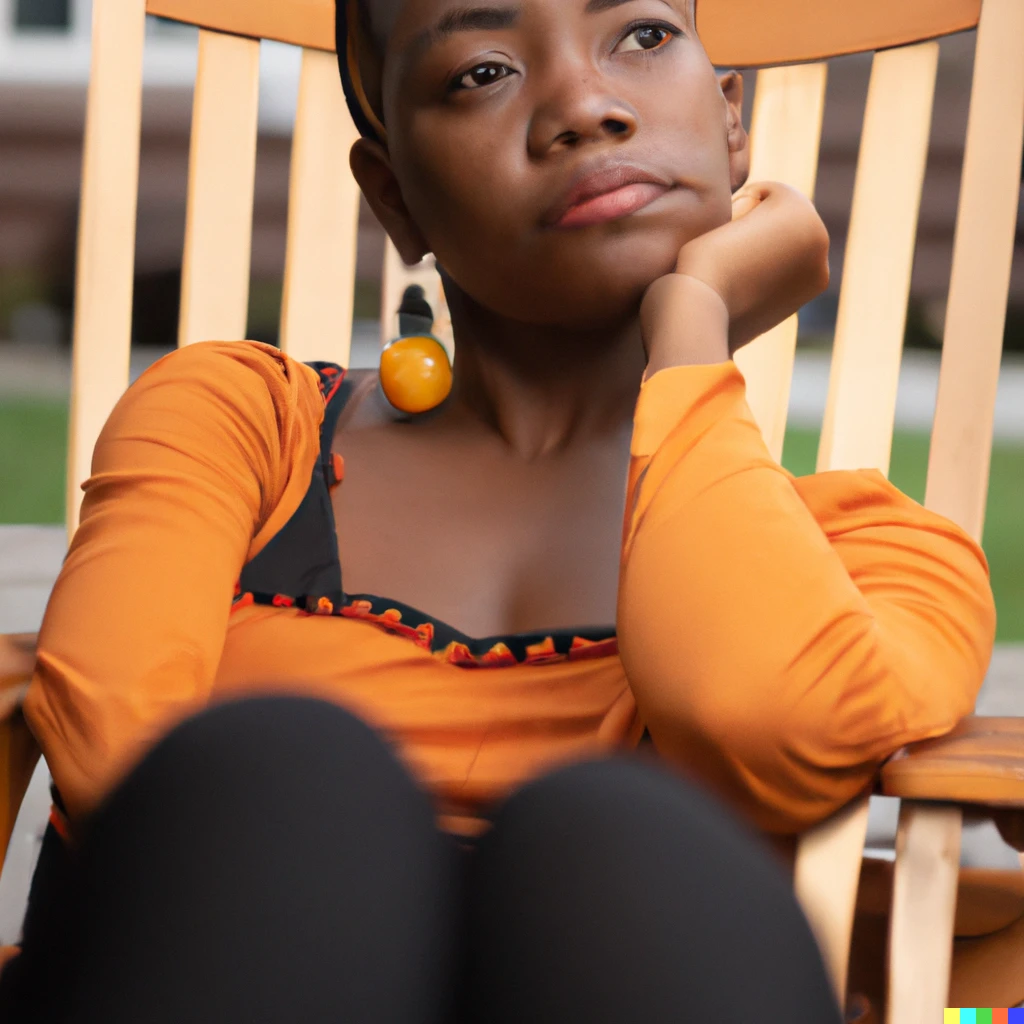 Prompt: A young, pensive woman of the Cameroon diaspora sits in an orange Adirondack chair. She is Fulani.