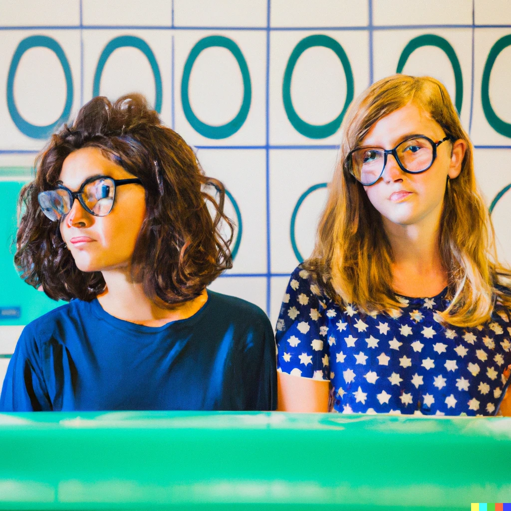Prompt: Two young intellectual women with tortoise shell glasses at a modern laundromat in the style of Matisse.