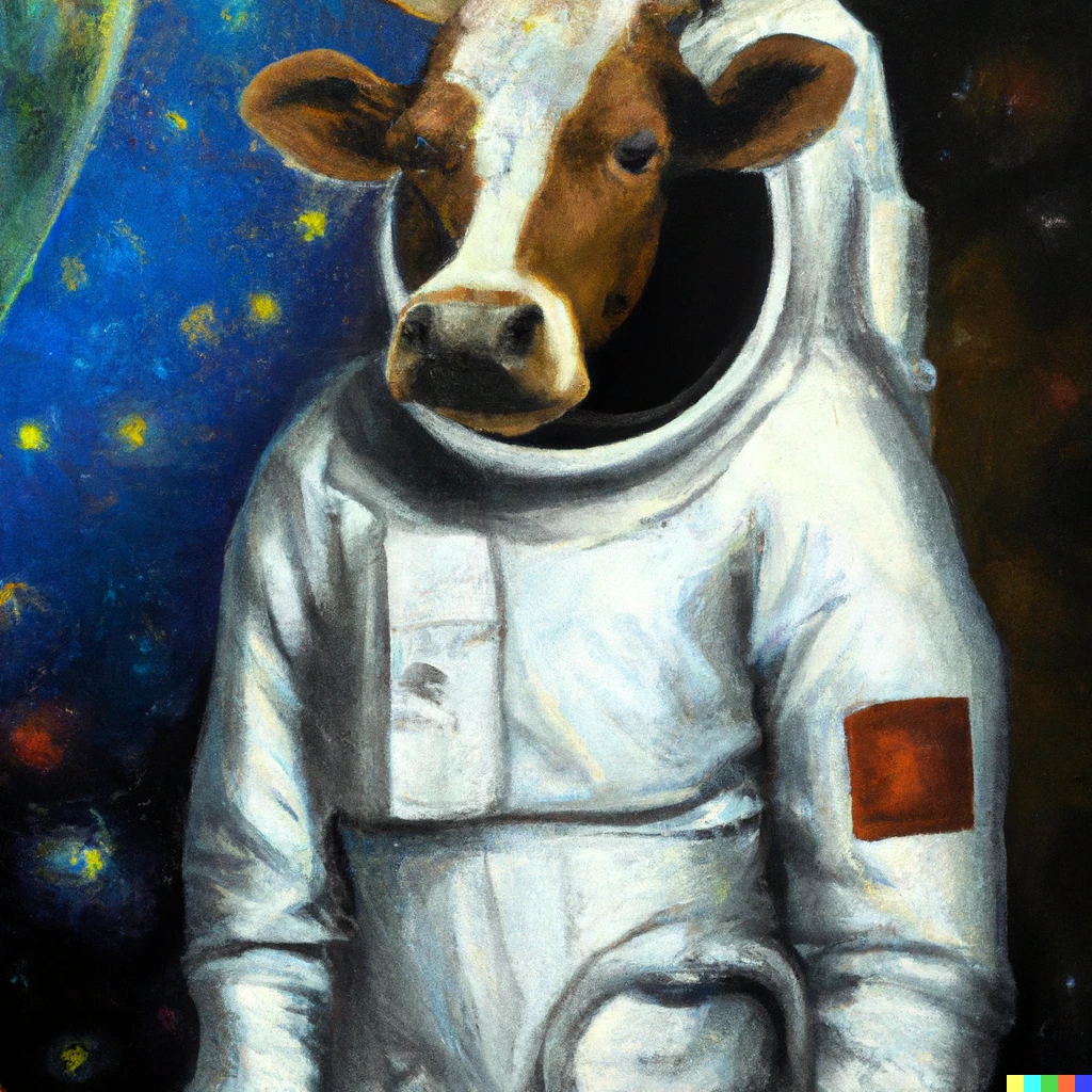 Prompt: An oil paint of A cow wearing a space suit in late 1800